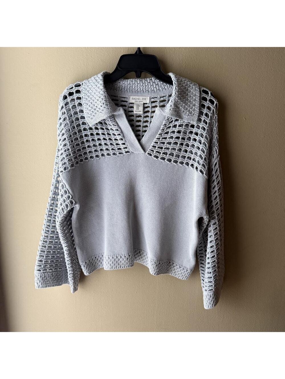 Rachel Zoe Light Blue Crochet Open-Knit Collared Sweater